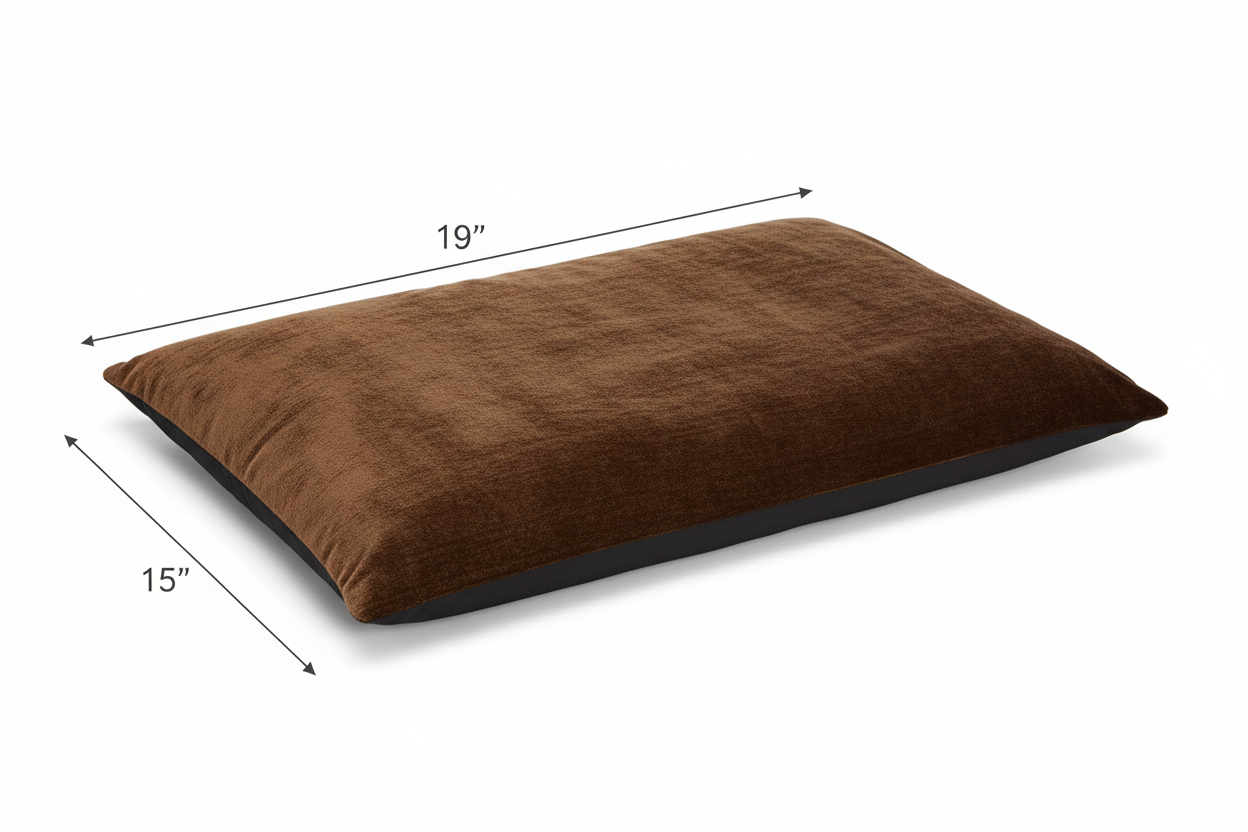 ComfortCare Warming Blanket weighted heating blanket brown designer fabric with half inch thickness on white background with 19 inch and 15 inch dimensions