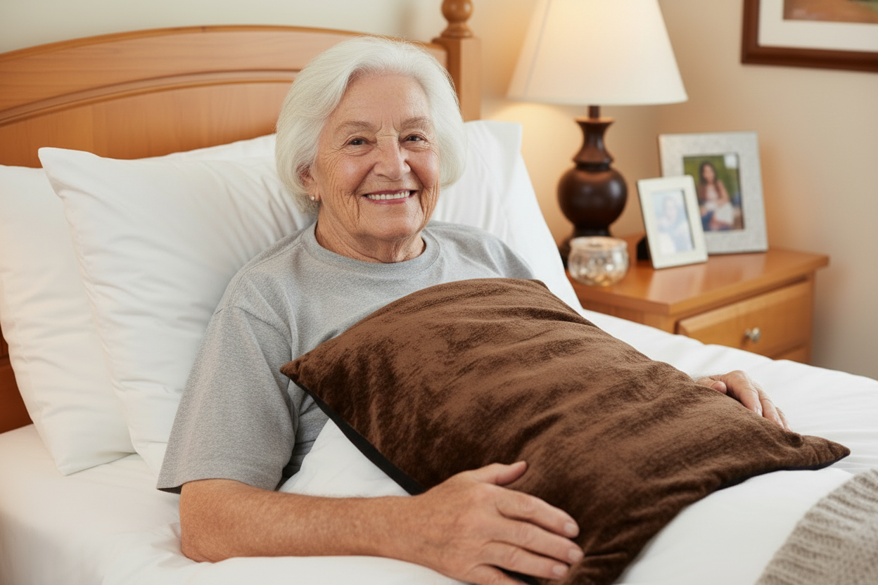 lady smiling with  ComfortCare Warming pad