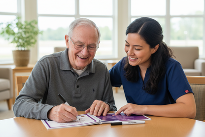 Elderly male and caregiver working on Finish The Phrase together