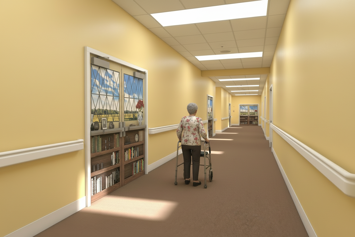 Elderly man in wheelchair and lady with walker walking away from camouflaged door mural