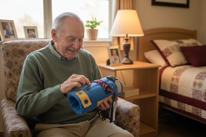 Elderly Man with Blue Hand Muff in Cozy Room