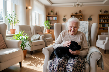 Elderly Polish baba holding smaller black Labrador therapy pet in community room