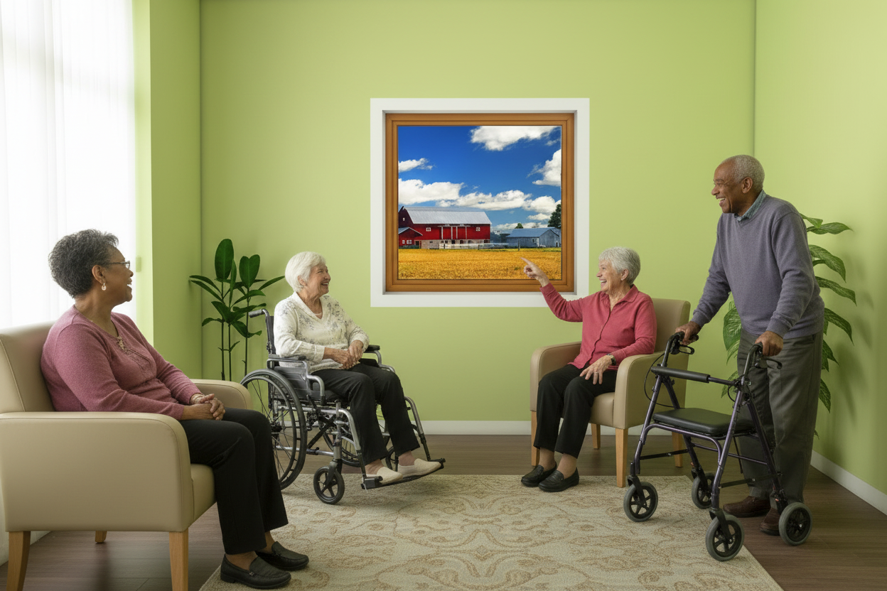 Five seniors in larger room with farm mural