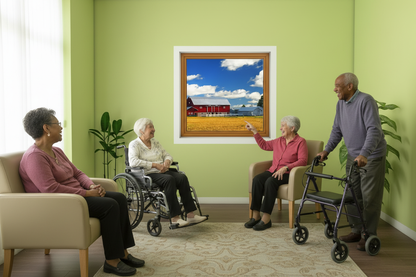 Five seniors in larger room with farm mural