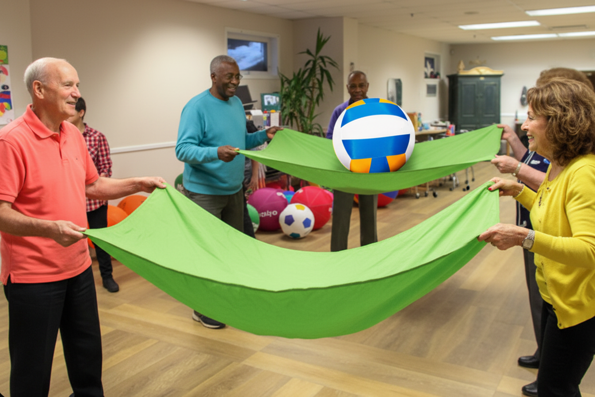 Four seniors holding two full-width green sheets with a large ball on the rear sheet