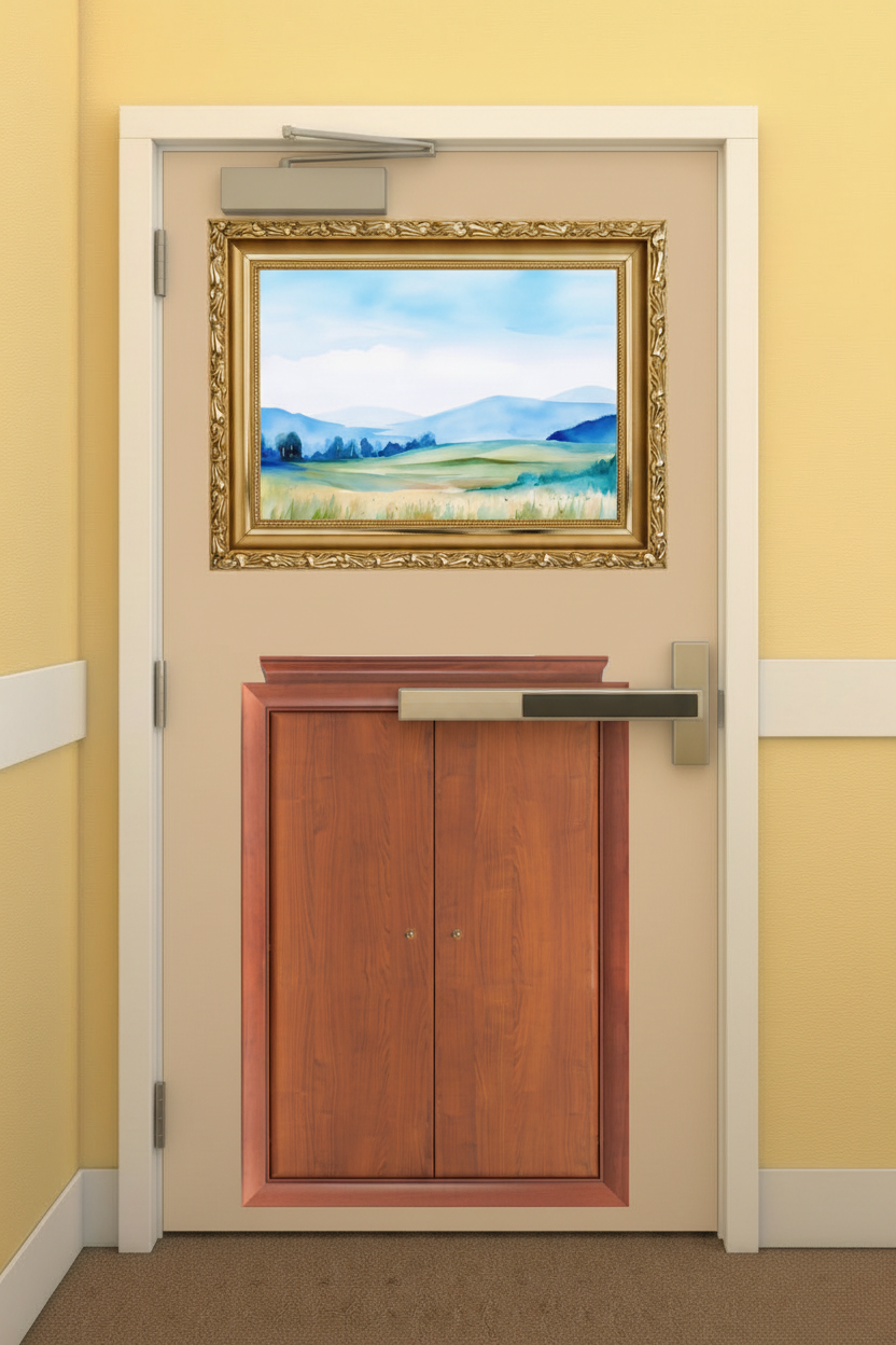 Furniture mural on single door with push bar