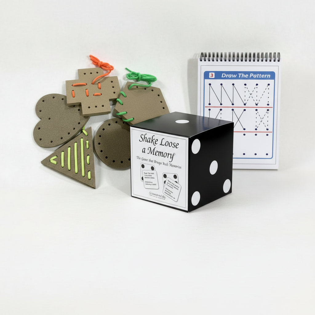 Gift Activity Pack 3 - Activity Board Lacing Shapes, Draw The Pattern, Shake Loose A Memory