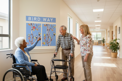 Hallway with 3 seniors and bird murals 
