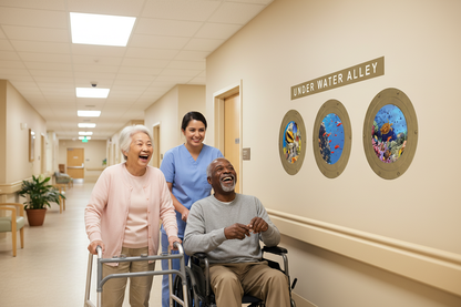 Hallway with Underwater Alley title and porthole stickers