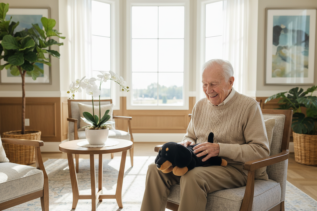 Happy senior male elderly holding dachshund therapy pet 