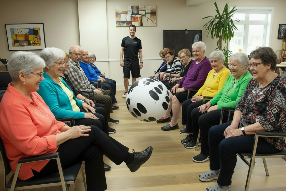 Happy seniors kicking a much larger text-free activity ball