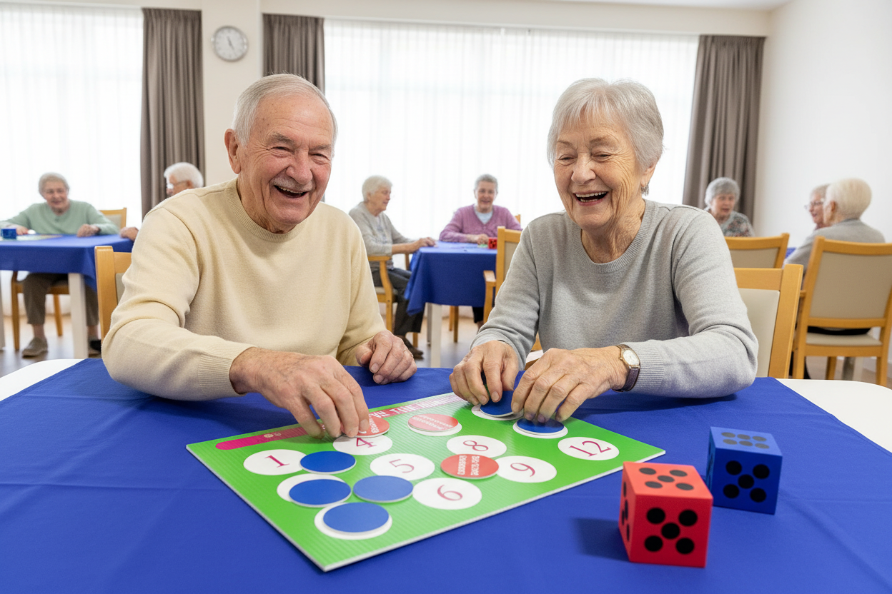 Happy seniors playing with much smaller foam dice