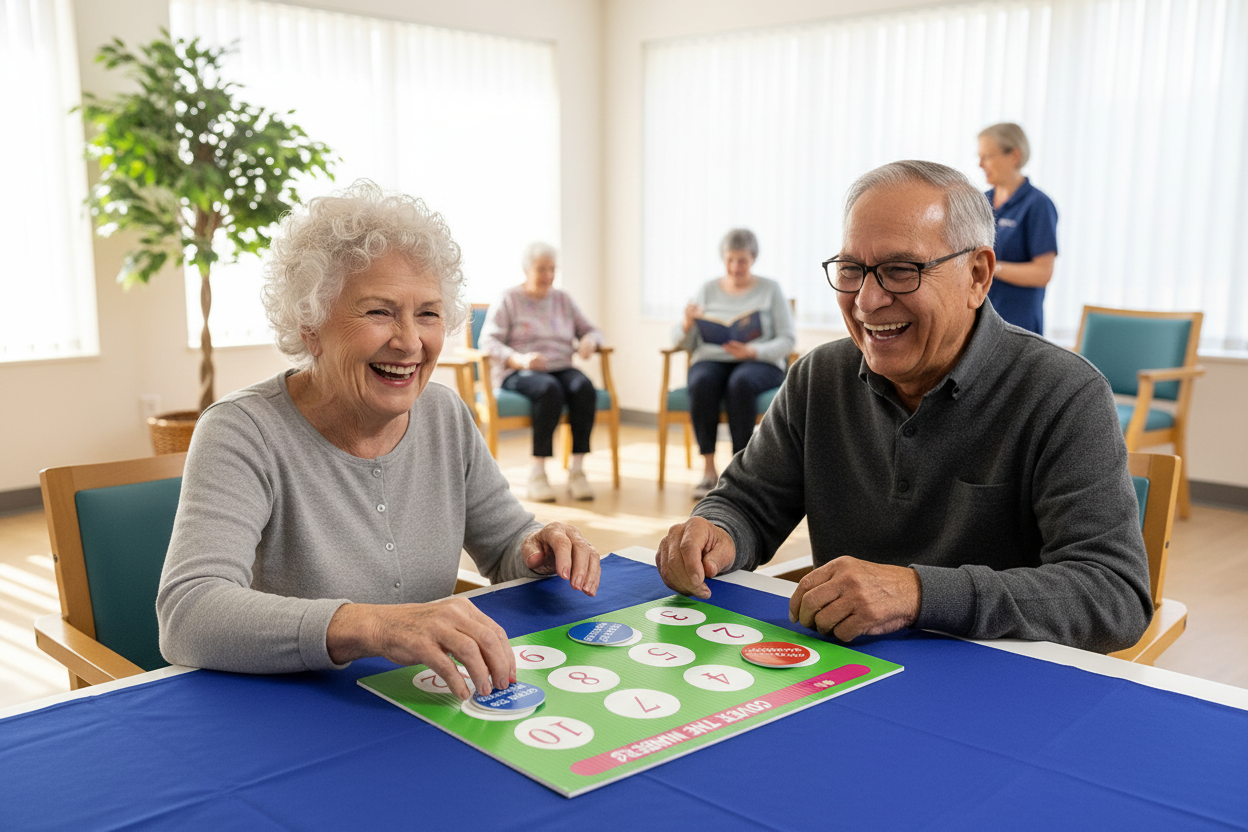 Happy seniors with blue discs showing Cover the Numbers text