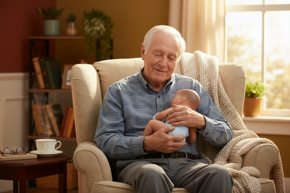 Man sitting in a chair holding therapy doll