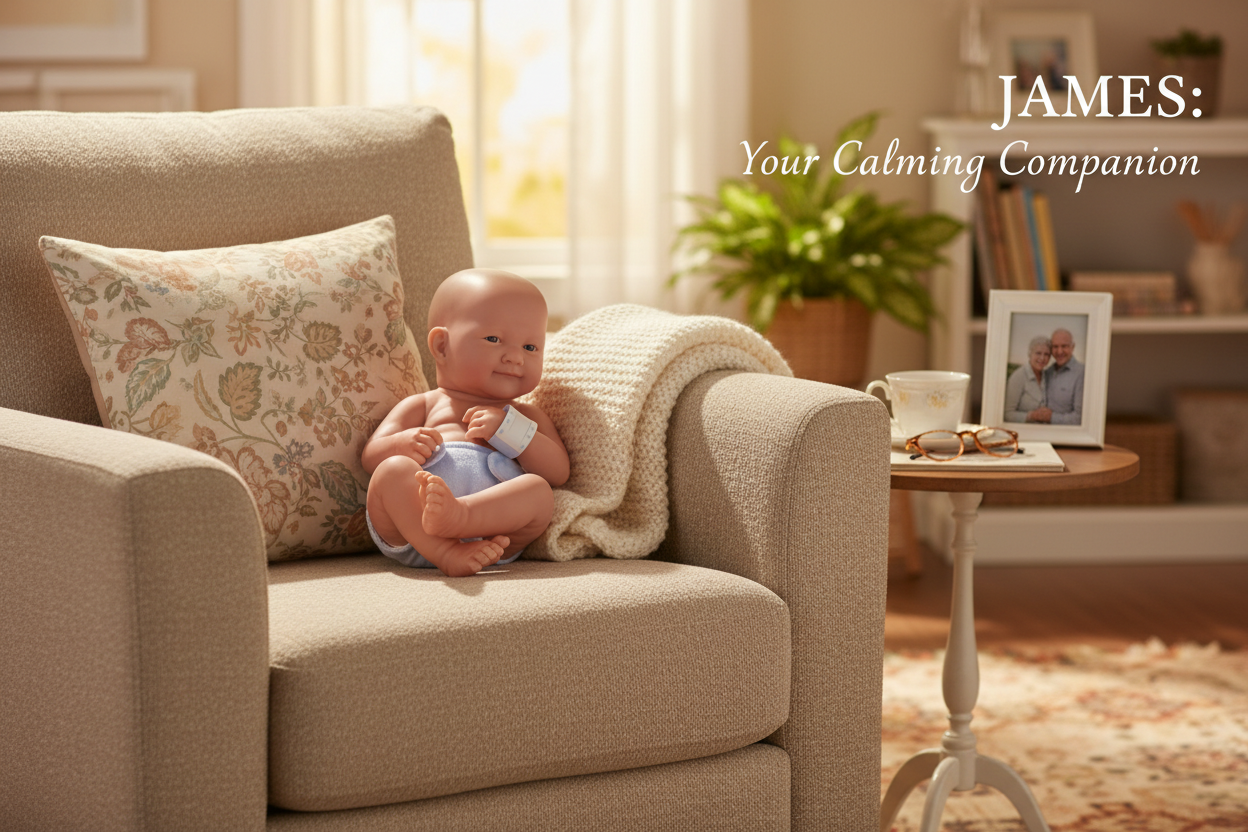Therapy Doll sitting on a couch with a blanket