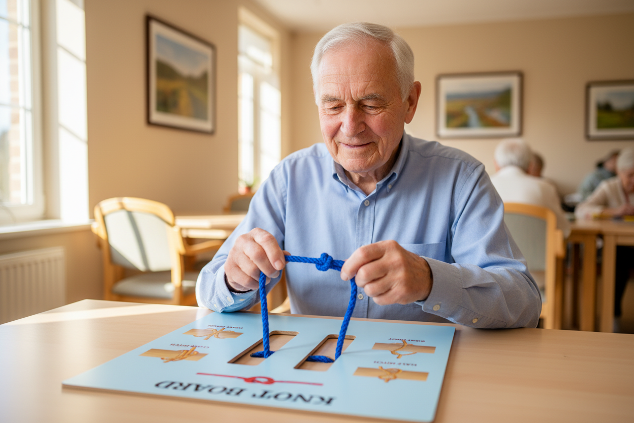 Elderly man playing with knot board and blue rope