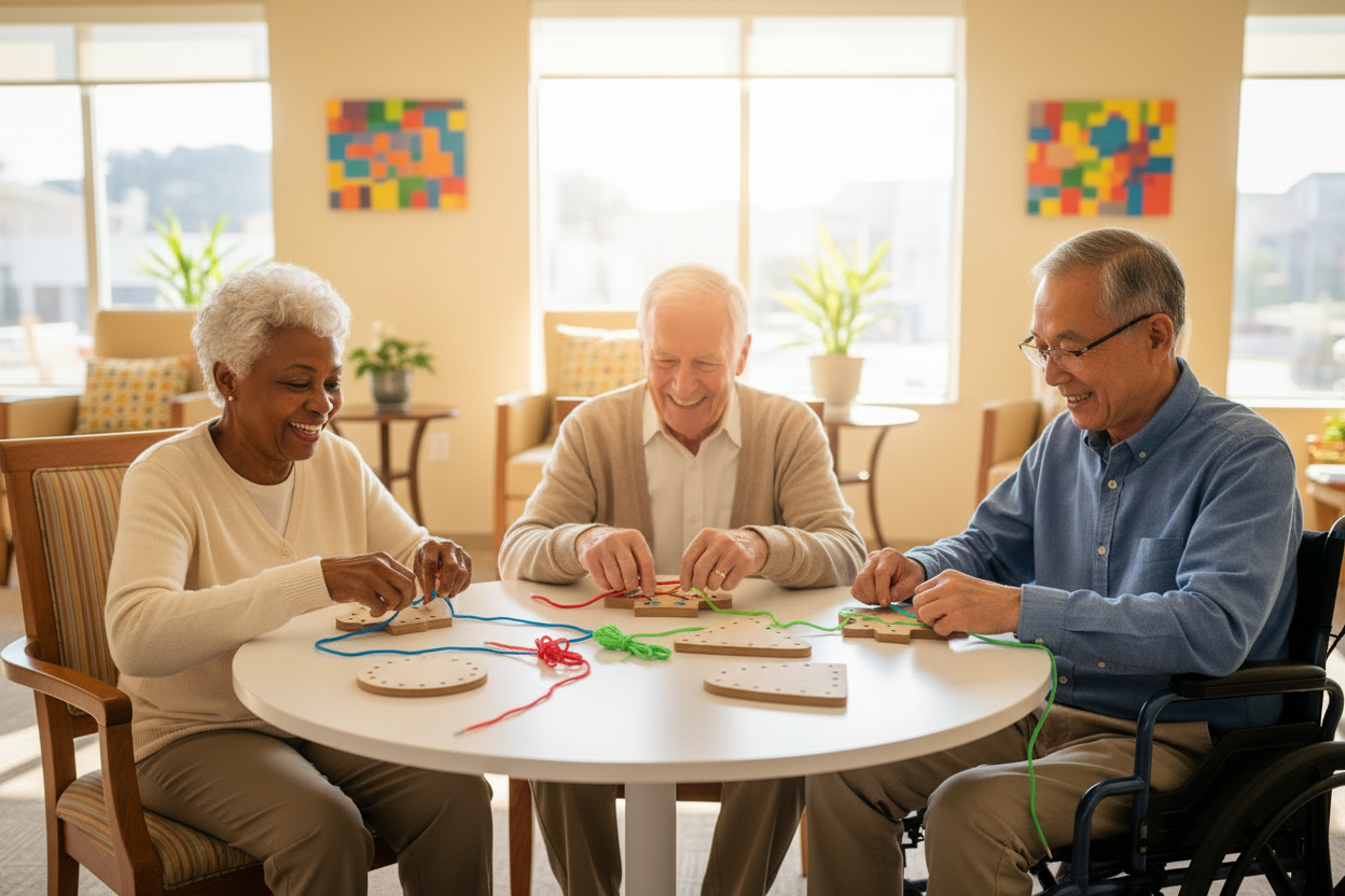 Three seniors enjoying lacing shapes activity