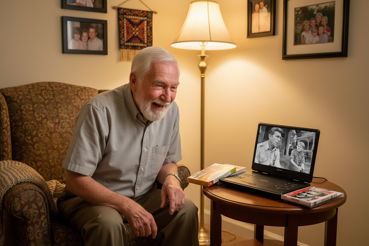 male in room watching vintage TV show on DVD player