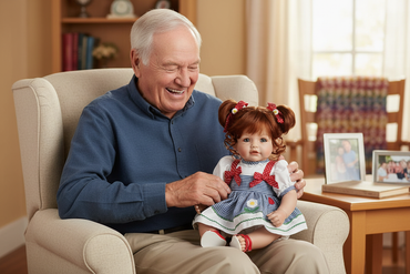 Man holding Therapy Doll Dorothy doll with joy and laughter