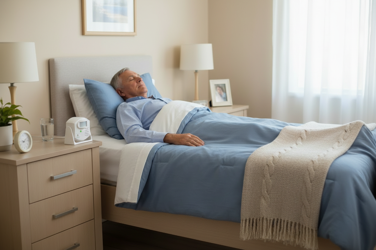 Motion sensor on bedside table monitoring senior in bed