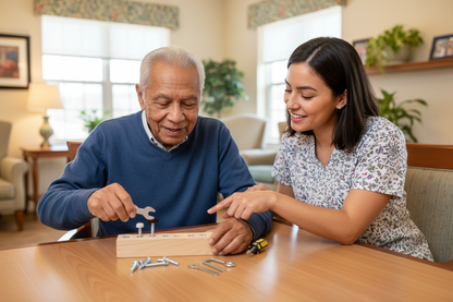 Multicultural senior with caregiver using fidget tool