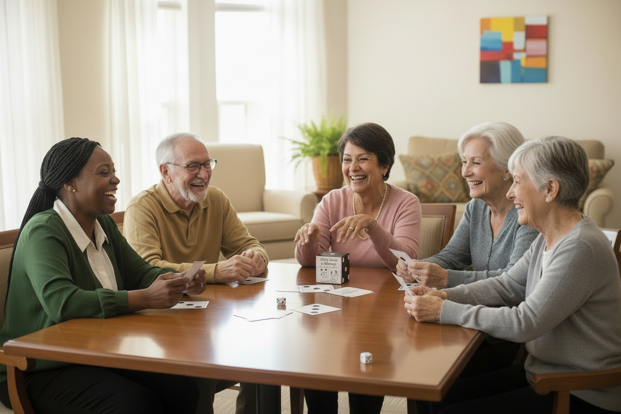 Seniors and Caregiver Playing Memory Game