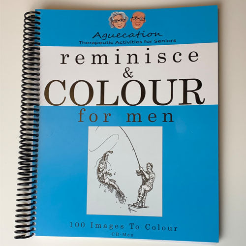 Notebook titled 'reminisce & COLOUR for men' with a fishing illustration on a blue cover.