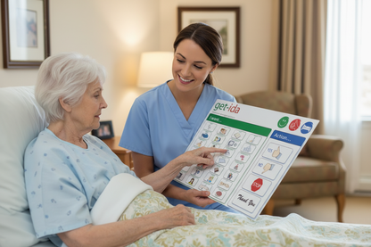 Resident in bed pointing at Get-IDA board with caregiver