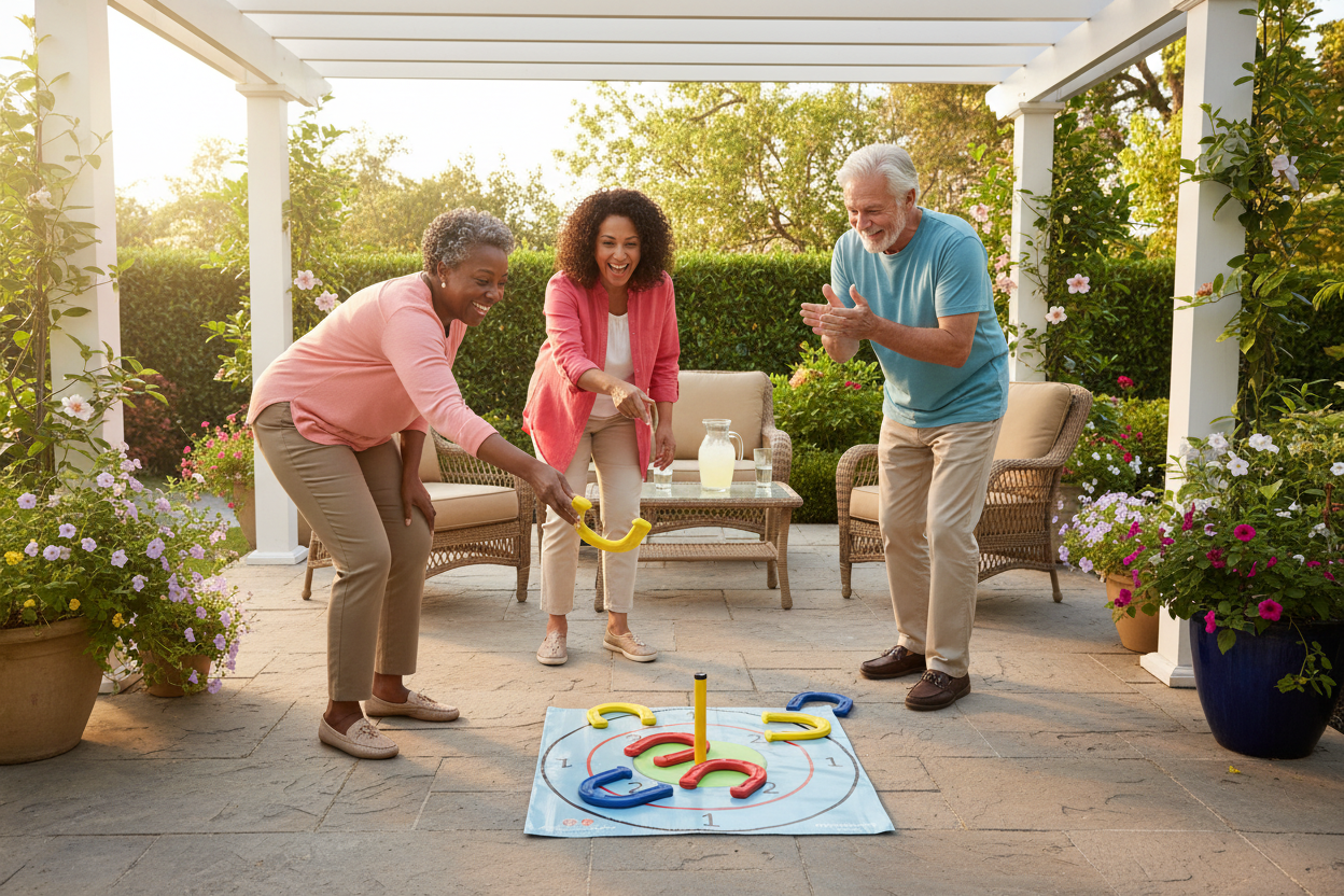 Three people playing a lawn game on a patio with plants and furniture around.