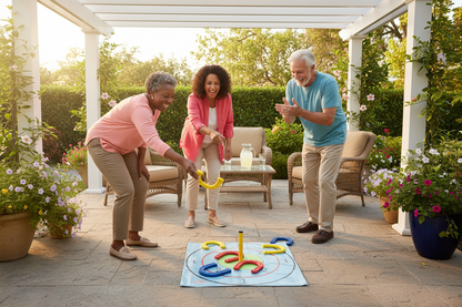 Three people playing a lawn game on a patio with plants and furniture around.