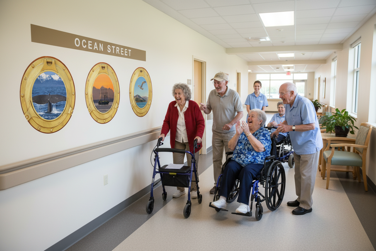 Senior care hallway with portal stickers and happy residents