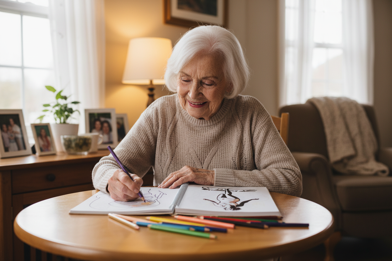 Elderly senior lady happily coloring vintage coloring book pages at nice little table with pencil crayons