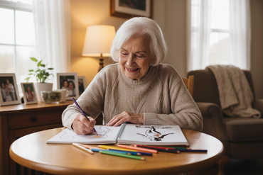 Elderly senior lady happily coloring vintage coloring book pages at nice little table with pencil crayons
