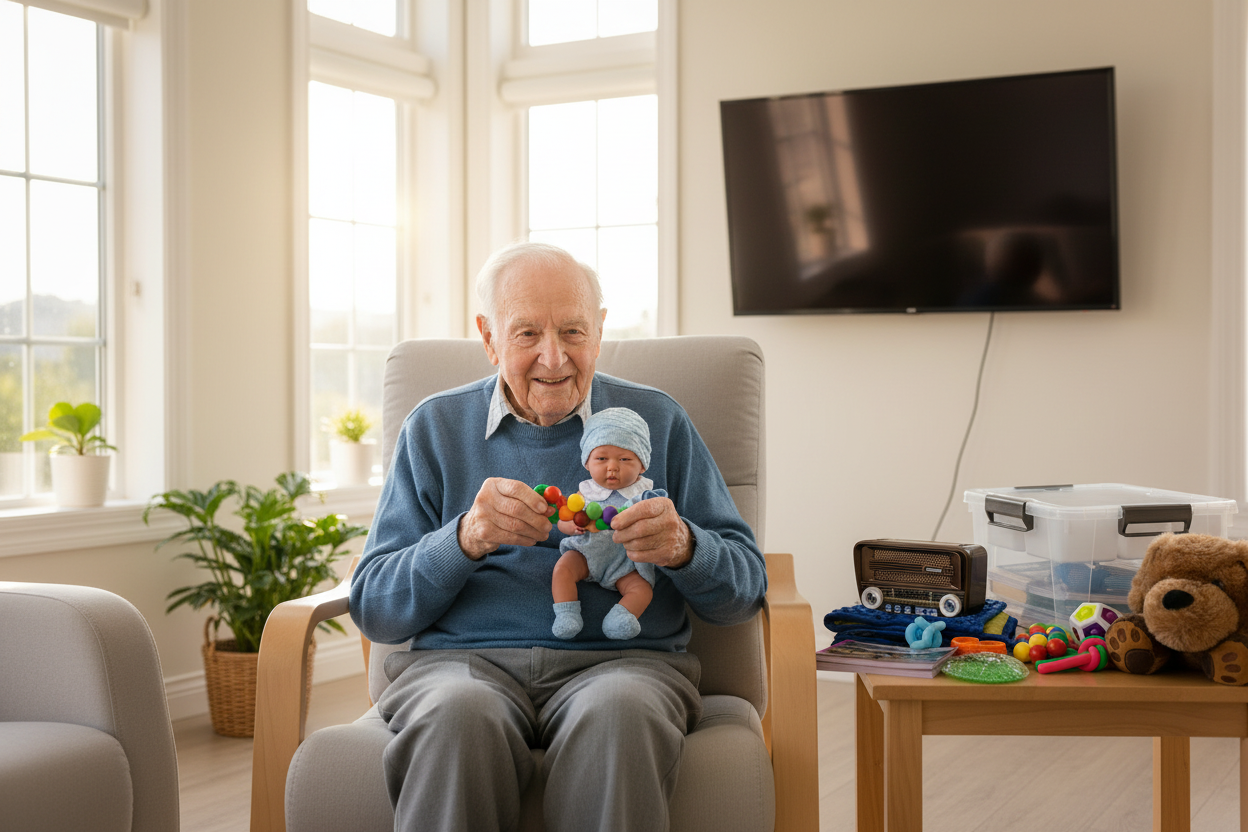 Senior male listening to radio, holding a therapy boy doll, playing with fidget