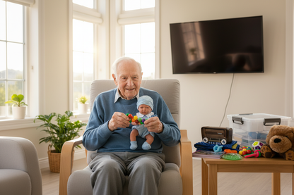 Senior male listening to radio, holding a therapy boy doll, playing with fidget