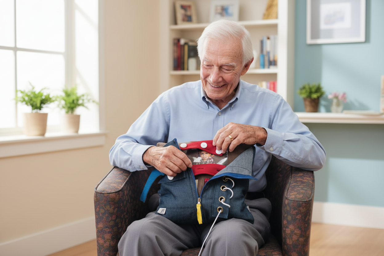 senior male with Activity Pillow Activity