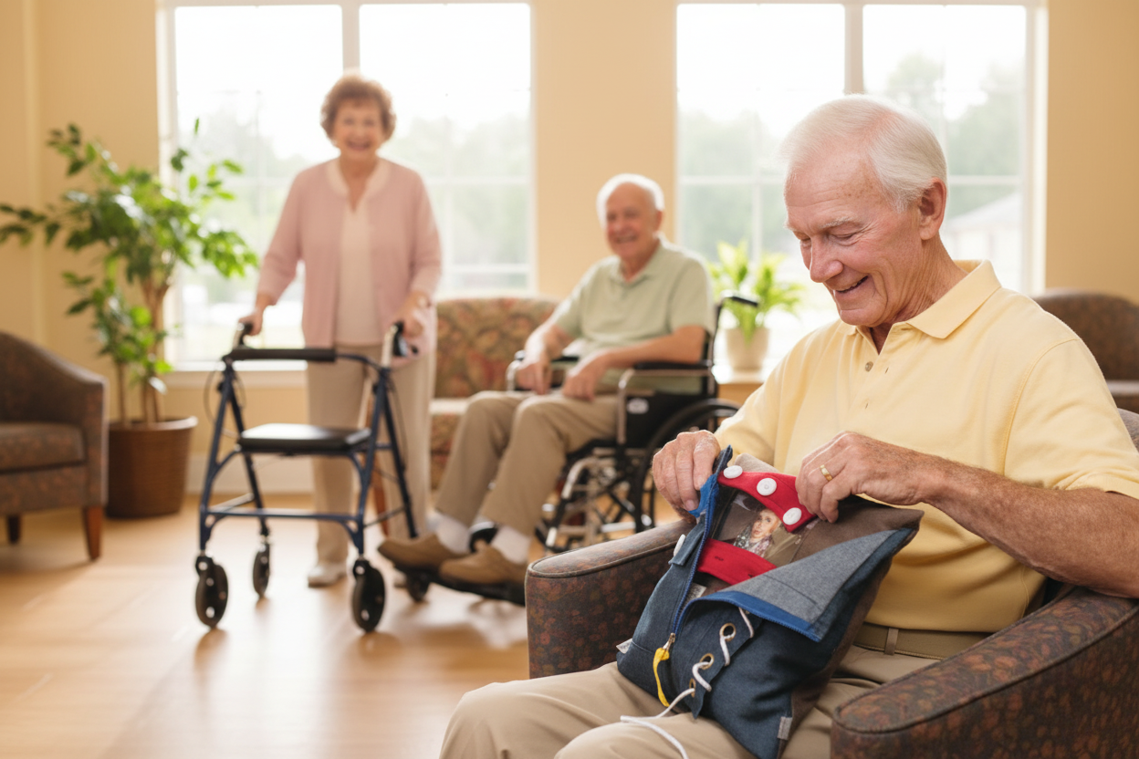 Elderly senior male with Activity Pillow 