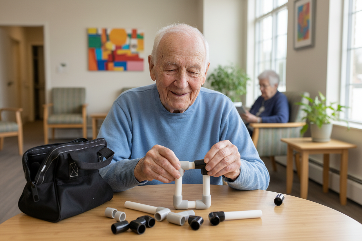 Senior man at small table in community room playing with plumber's pipe set black white grey pieces with black tool bag