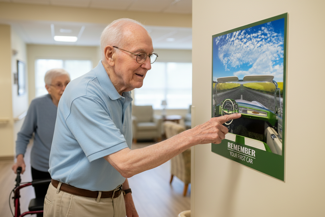 Senior man pointing at Cadillac wall sticker in memory care facility