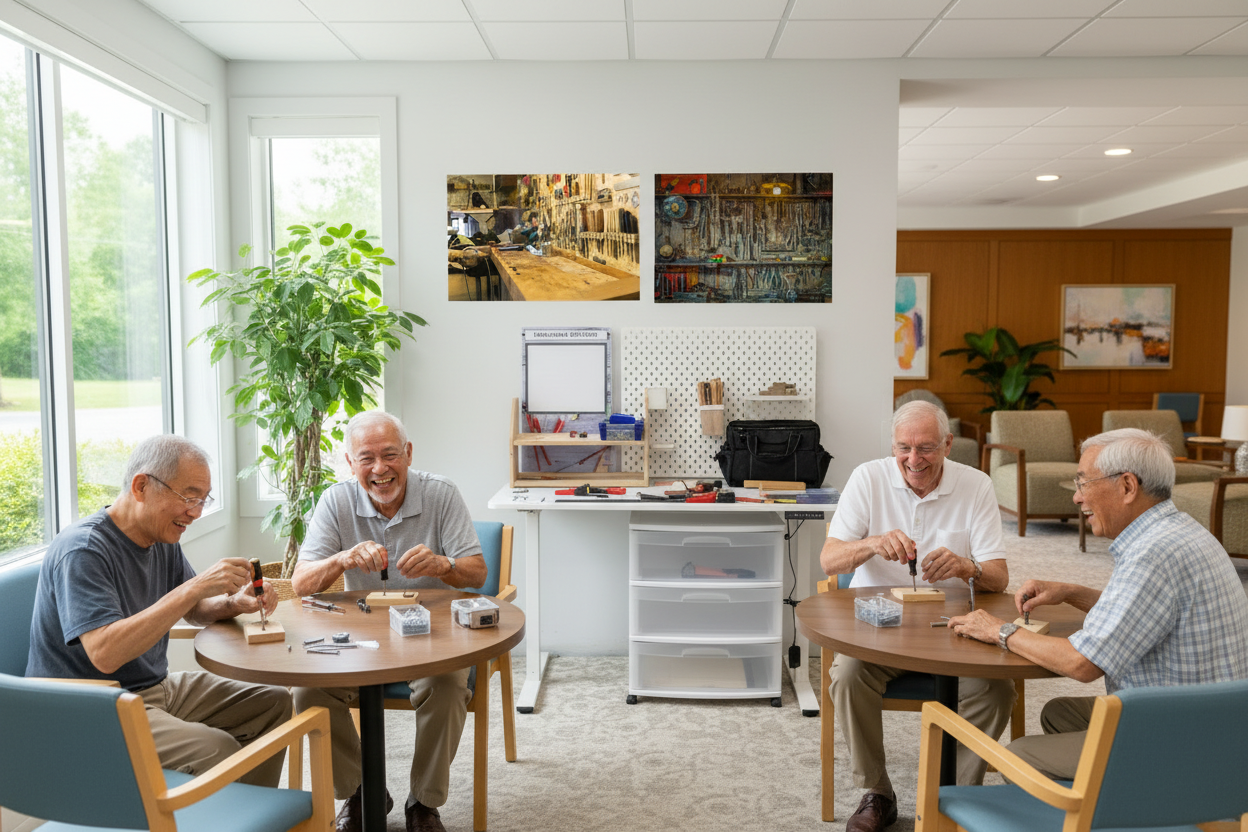 Senior men at Handyman Station using activities