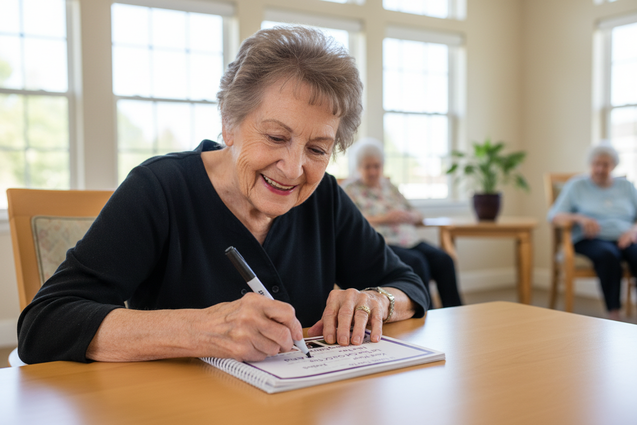 Senior with Finish The Phrase book and black dry erase marker