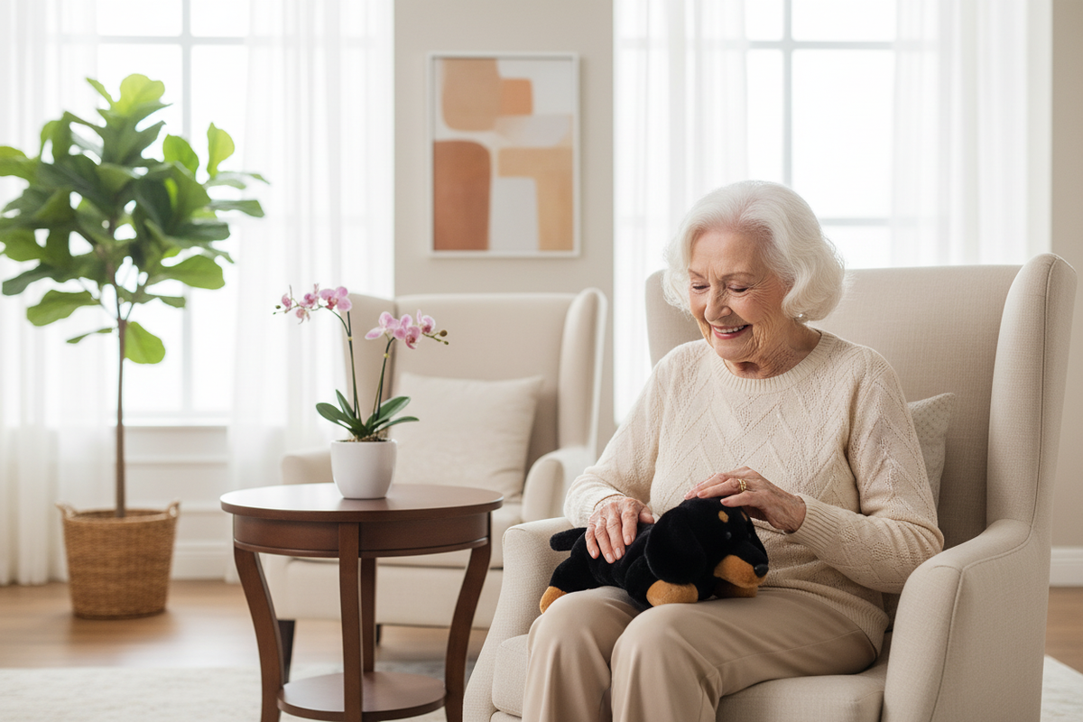 Happy senior woman holding dachshund therapy pet on her lap 