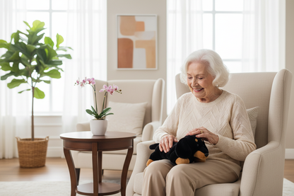 Happy senior woman holding dachshund therapy pet on her lap 