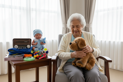 Senior woman with puppy and sunshine therapy kit