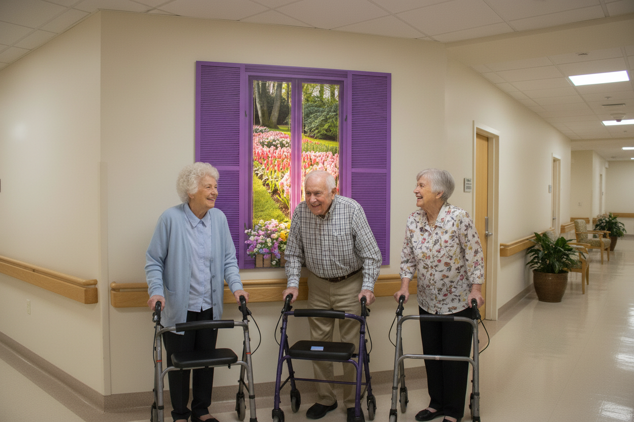Seniors admiring faux shutter mural in facility hallway
