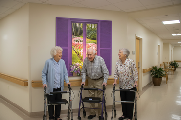 Seniors admiring faux shutter mural in facility hallway