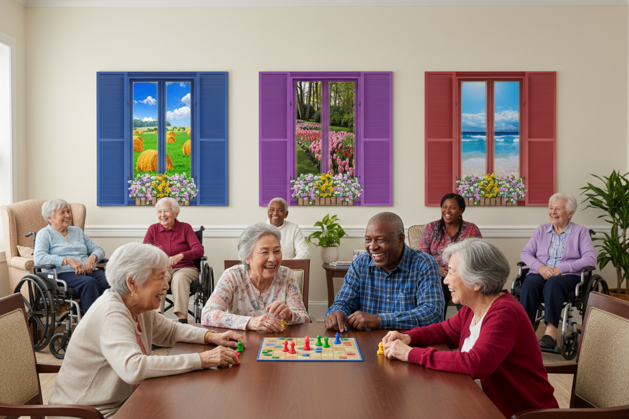 Seniors enjoying games near faux shutter windows