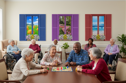 Seniors enjoying games near faux shutter windows
