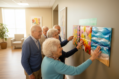 Seniors interacting with exact tactile panels in hallway