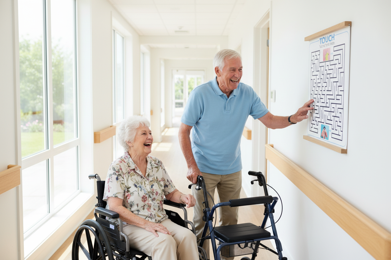 Seniors using fingers on tactile touch wall activity